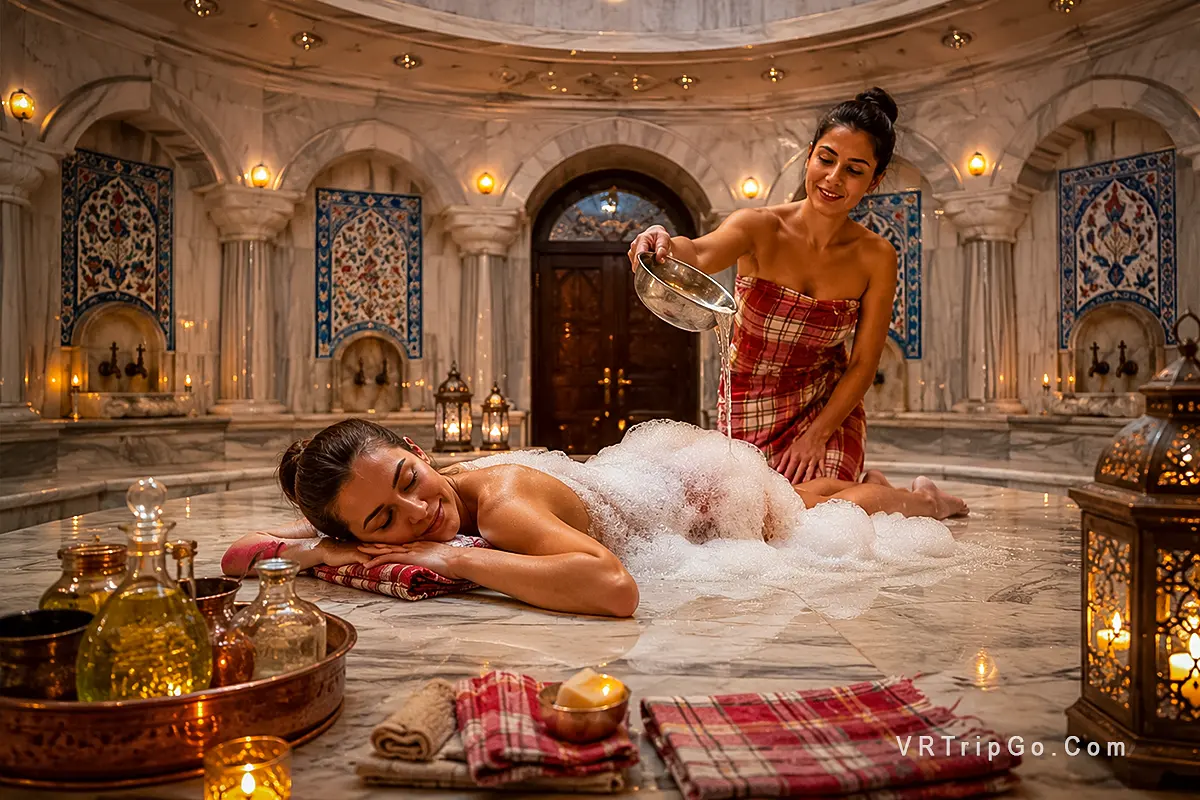 Traditional Turkish Bath Experience with a relaxing foam massage in an authentic marble hammam illuminated by warm ambient lighting.