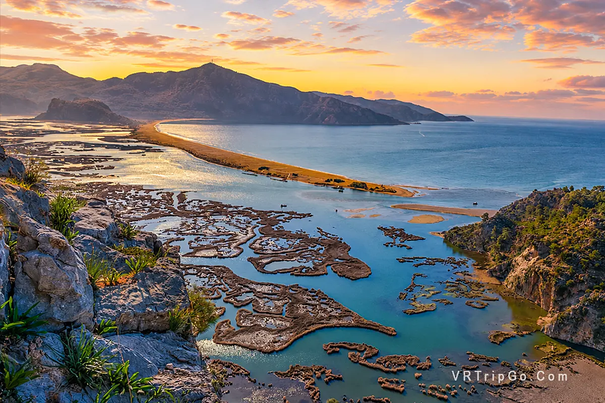 Dalyan Tour and Turtle Beach featuring the famous Iztuzu Beach, scenic lagoon views, and stunning coastline at sunset.