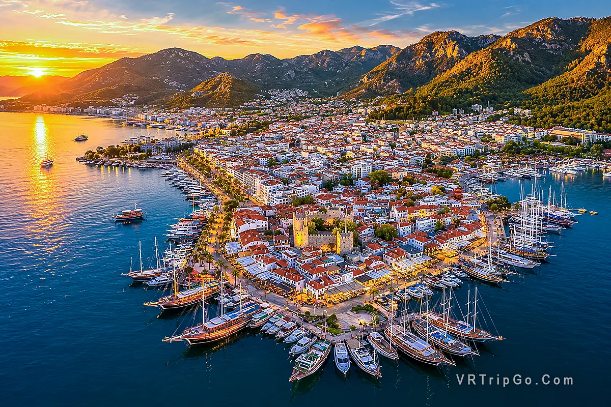 Best Excursions in Marmaris featuring a panoramic aerial view of Marmaris Marina, the historic old town, luxury yachts, and the scenic coastline at sunset.