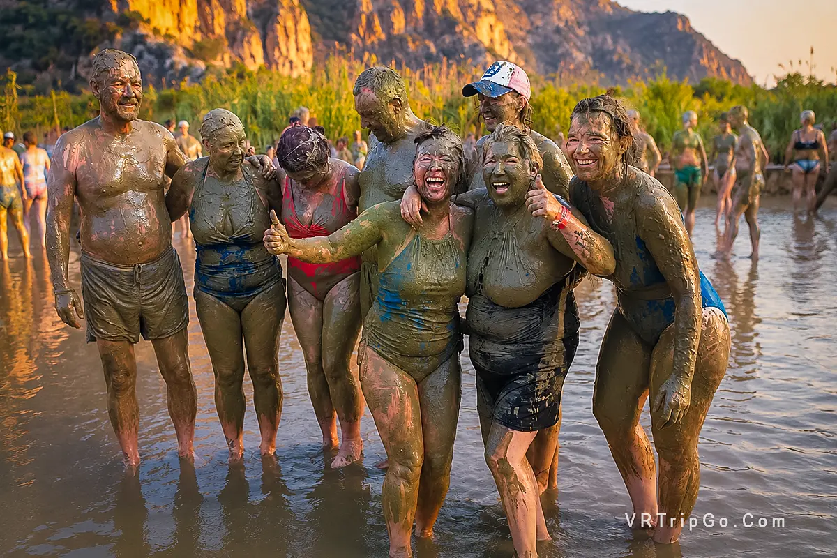 Dalyan Mud Baths and Turtle Beach Tour featuring visitors enjoying the famous therapeutic mud baths surrounded by scenic natural landscapes at sunset.