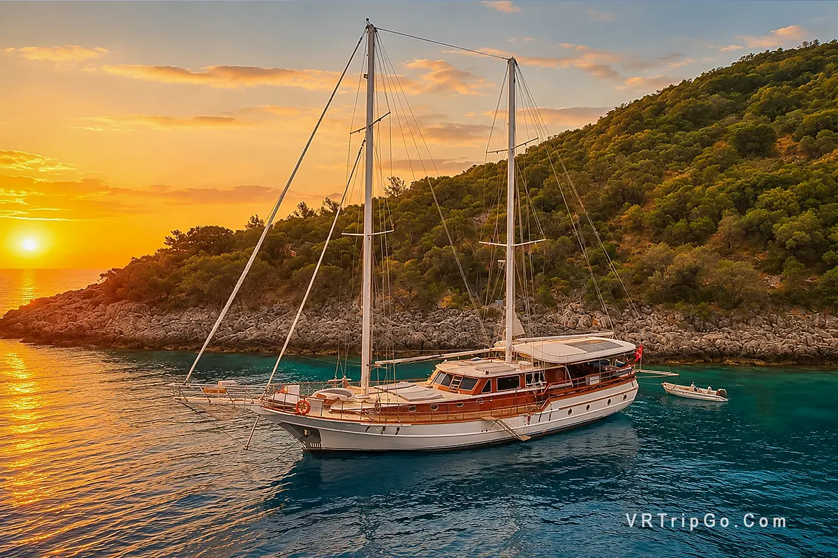 Marmaris Boat Trip featuring a traditional sailing yacht anchored in crystal-clear waters during a beautiful sunset along the scenic Marmaris coastline.
