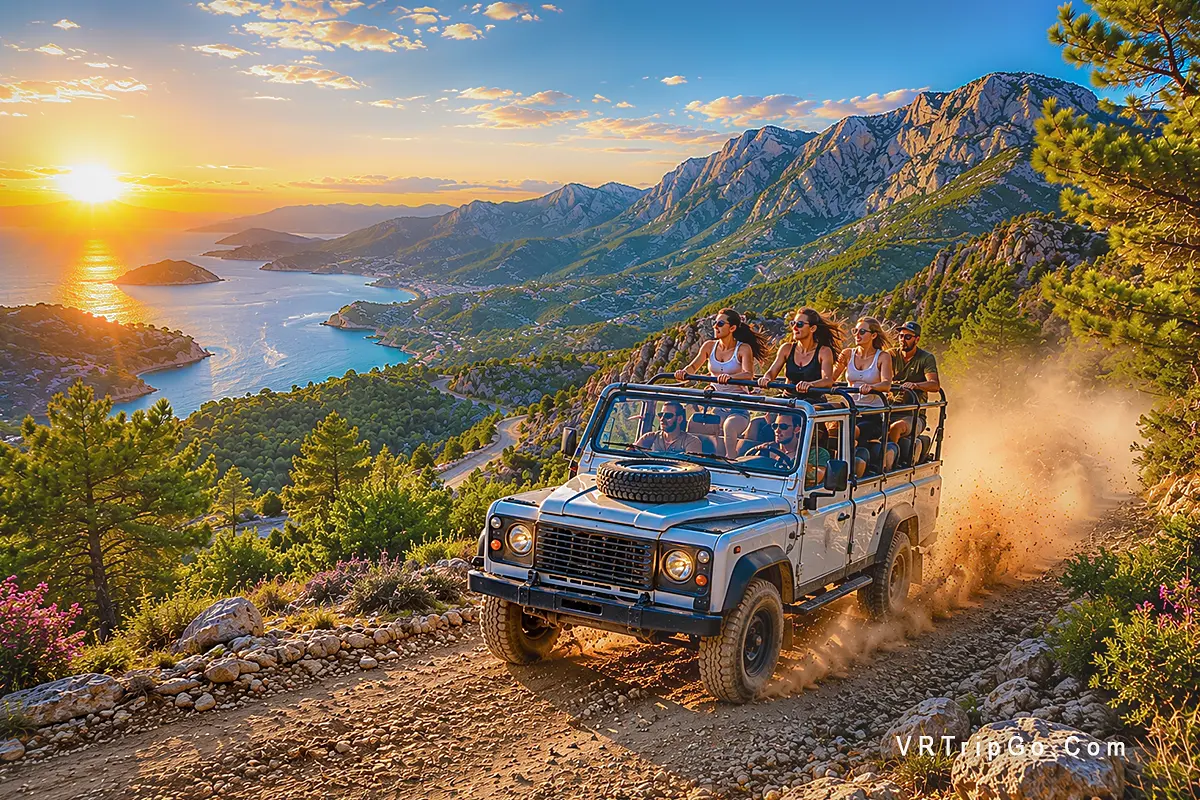 Jeep Safari Adventure featuring an off-road vehicle driving along a scenic mountain trail with stunning views, pine forests, and a golden sunset over the coastline.