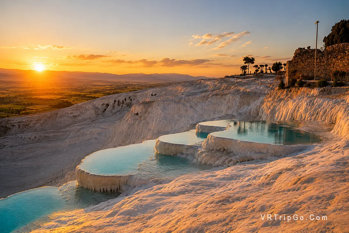 Pamukkale Day Trip from Marmaris featuring the famous white travertine terraces, turquoise thermal pools, and a beautiful sunset over the valley landscape.