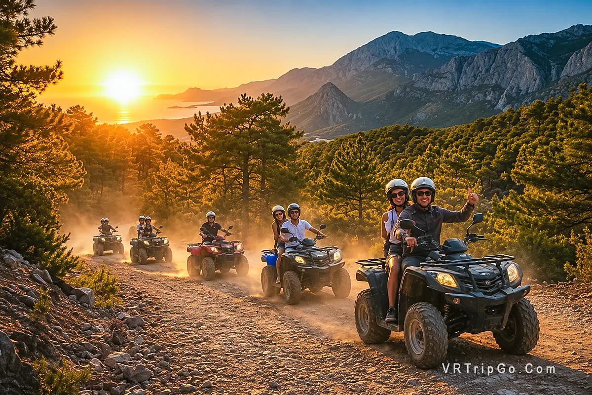 Quad Safari Adventure featuring ATV riders driving through mountain trails at sunset, surrounded by pine forests, dust clouds, and stunning coastal views.