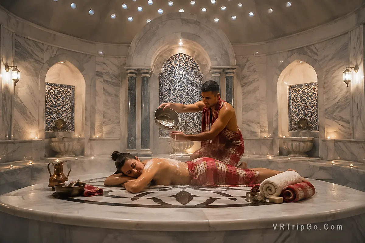 Traditional Turkish Bath Experience in a luxurious marble hammam with steam, warm lighting, relaxing spa treatment, and authentic Turkish wellness rituals.