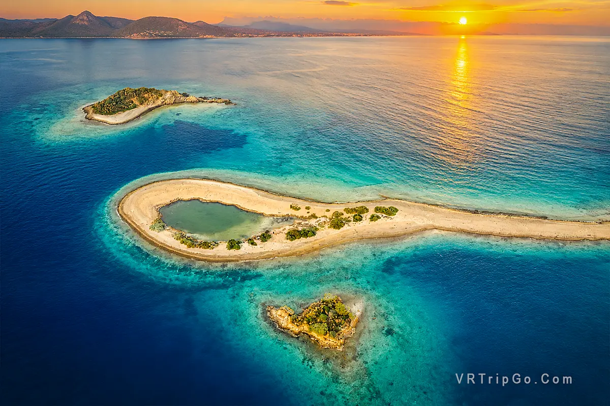 Best Excursions in Fethiye featuring a stunning aerial view of turquoise lagoons, sandy islands, crystal-clear Mediterranean waters, and a beautiful sunset along the Fethiye coastline.