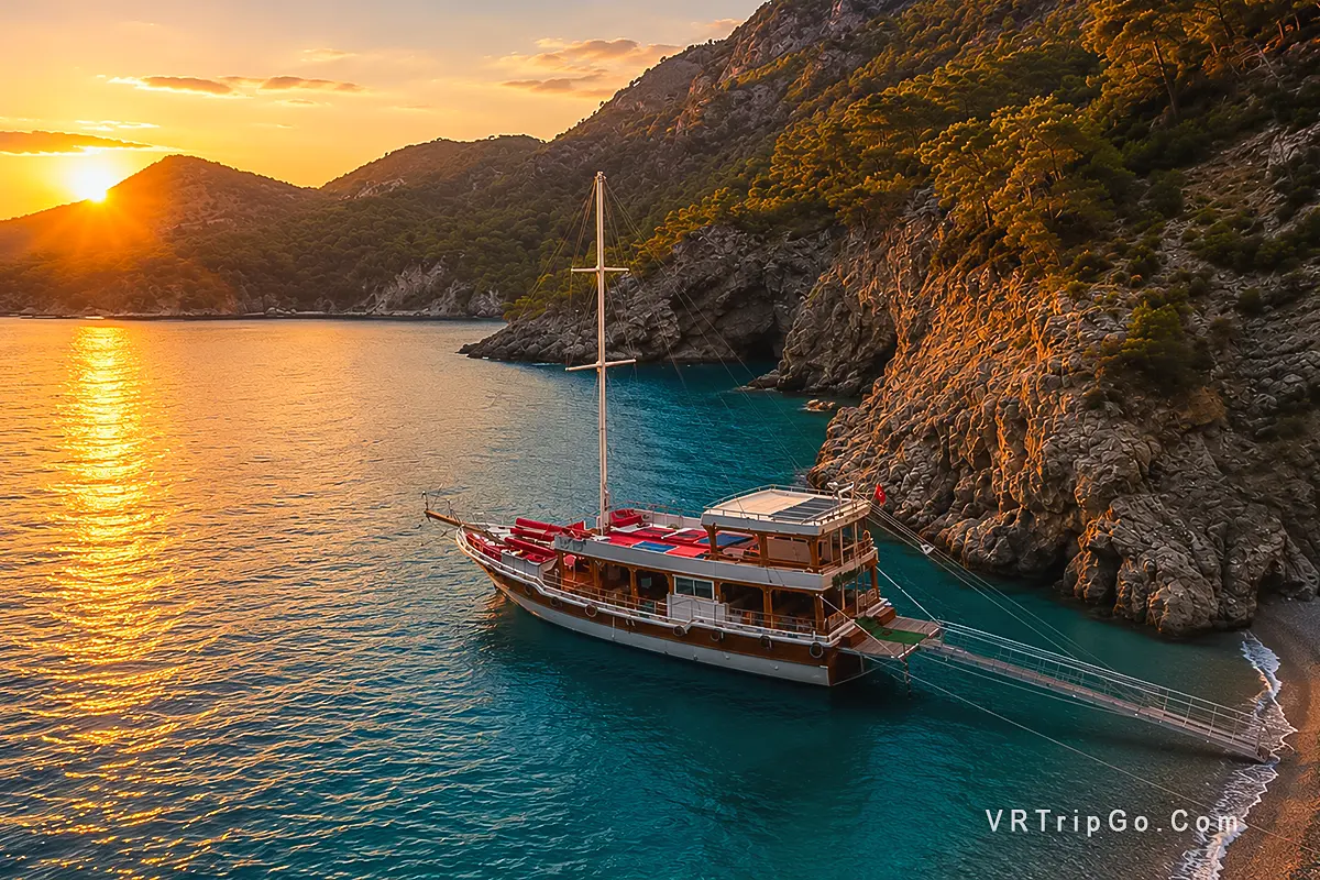 Oludeniz Boat Trip on a traditional wooden gulet anchored in a secluded turquoise bay at sunset