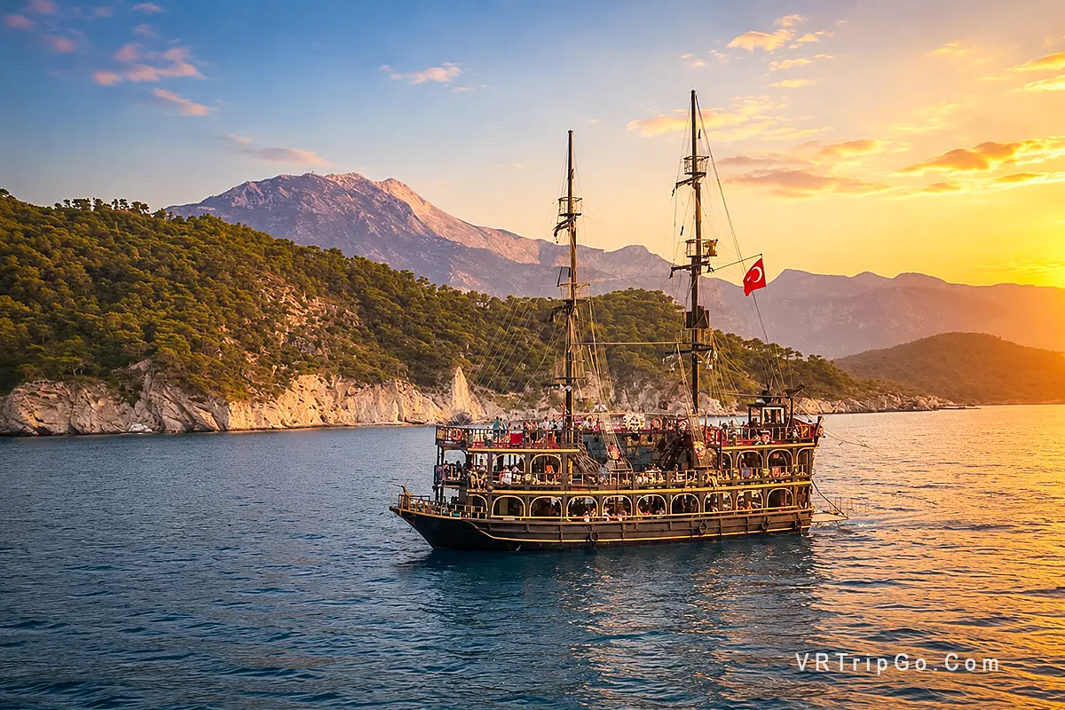 Oludeniz Boat Trip featuring a pirate-style cruise ship sailing through turquoise waters with mountain views and a beautiful sunset coastline