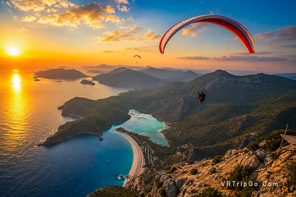 Paragliding from Babadag Mountain with breathtaking views over Oludeniz Lagoon, turquoise coastline, and a spectacular sunset flight