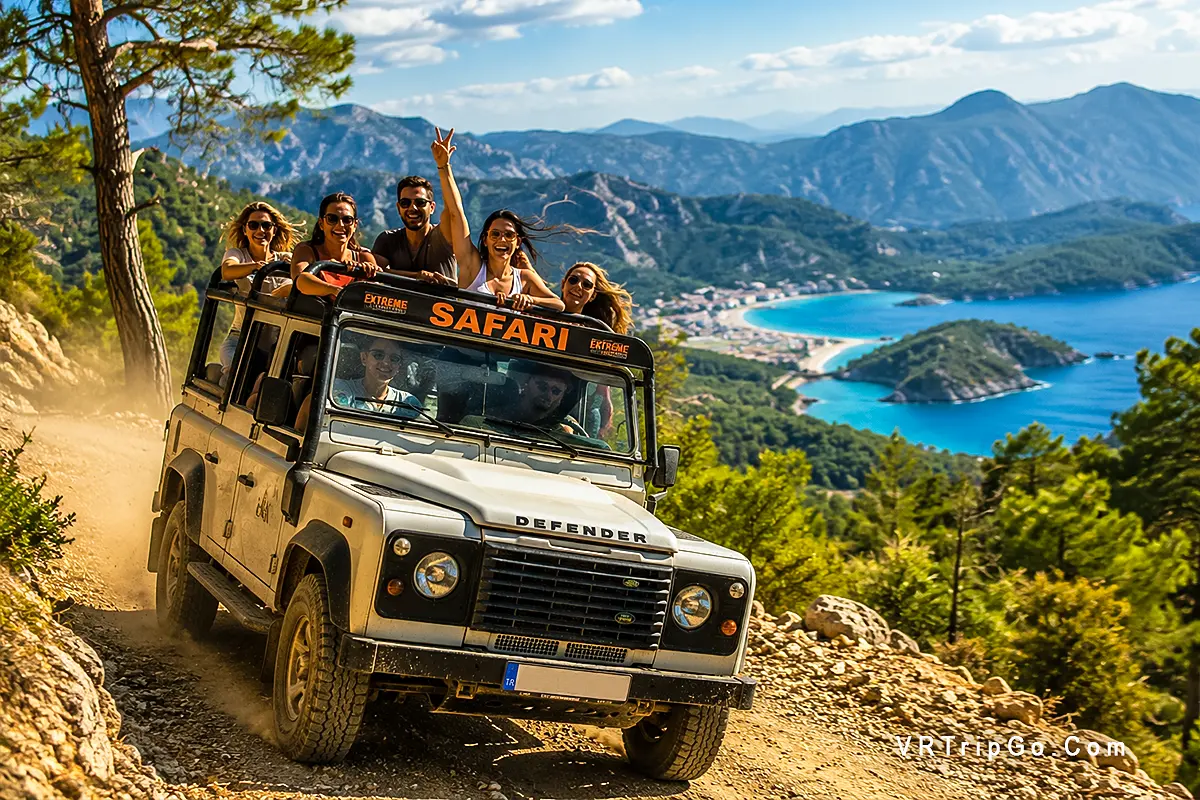 Jeep Safari Adventure with an open-top off-road vehicle, mountain trails, coastal views, and tourists enjoying an exciting outdoor excursion