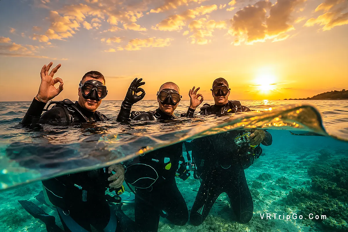 Scuba Diving Tour with professional divers enjoying crystal-clear waters and a beautiful sunset over the Mediterranean Sea