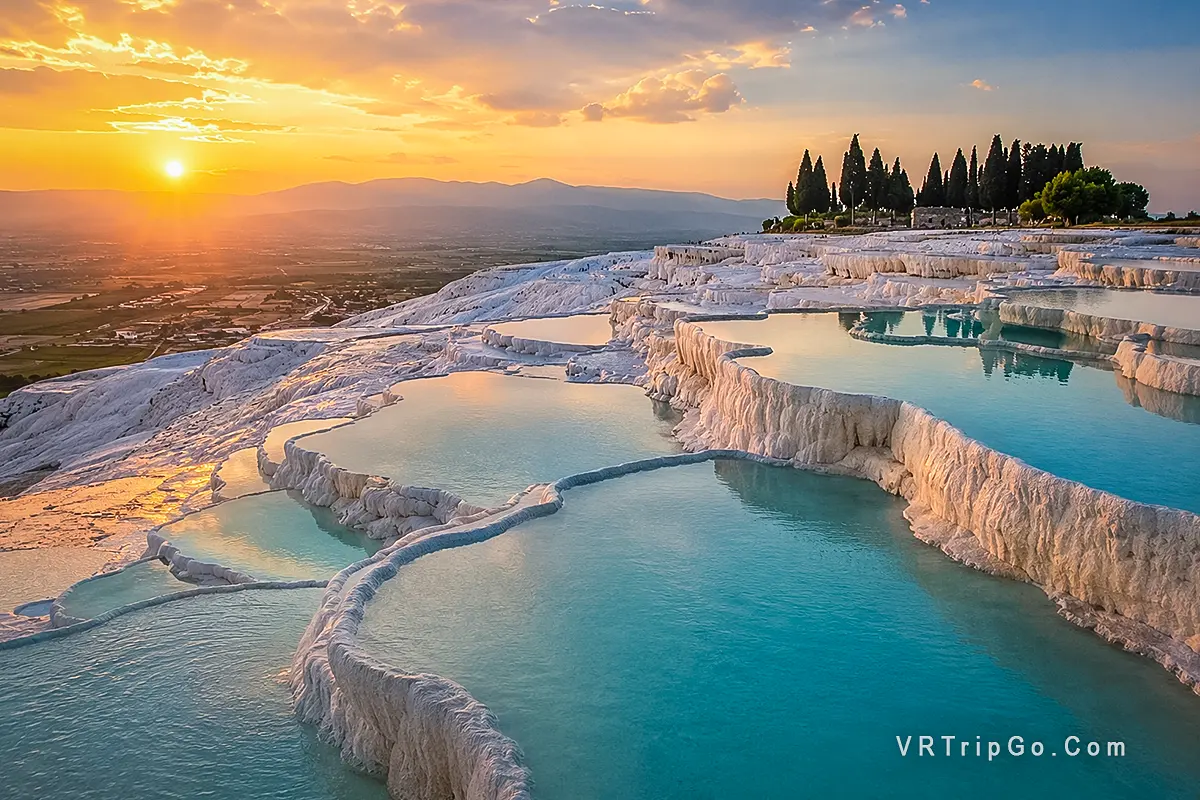 Pamukkale Day Trip from Fethiye featuring the famous white travertine terraces, turquoise thermal pools, and stunning sunset views over the valley