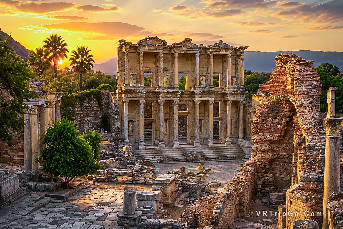 Best Excursions in Kusadasi featuring the ancient Library of Celsus in Ephesus at sunset