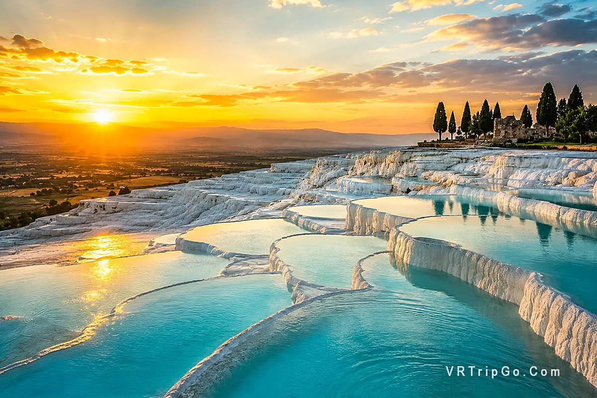 Pamukkale Day Trip from Kusadasi featuring the famous white travertine terraces, turquoise thermal pools, and spectacular sunset views across the valley