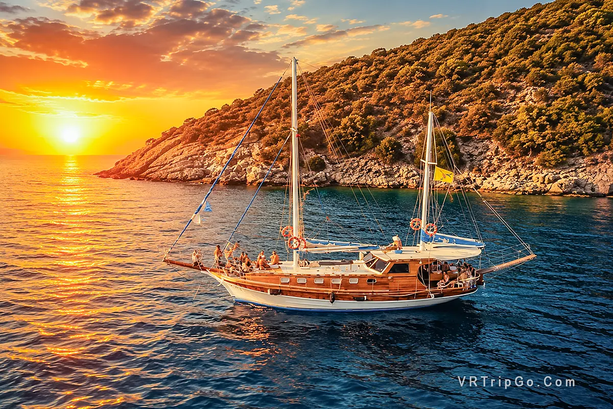 Kusadasi Boat Trip on a traditional wooden yacht cruising through crystal-clear waters with stunning coastal scenery and a beautiful sunset