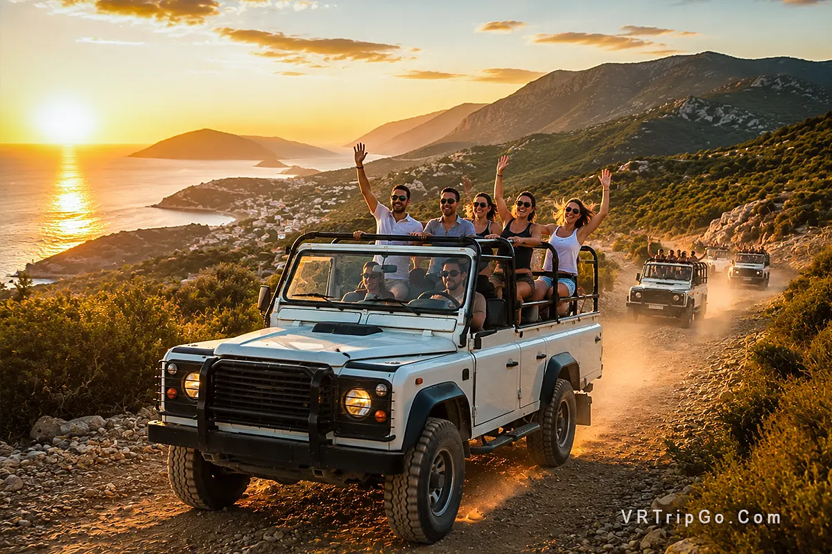 Jeep Safari Adventure with off-road vehicles driving along scenic mountain trails, stunning coastal views, golden sunset light, and tourists enjoying an exciting outdoor adventure