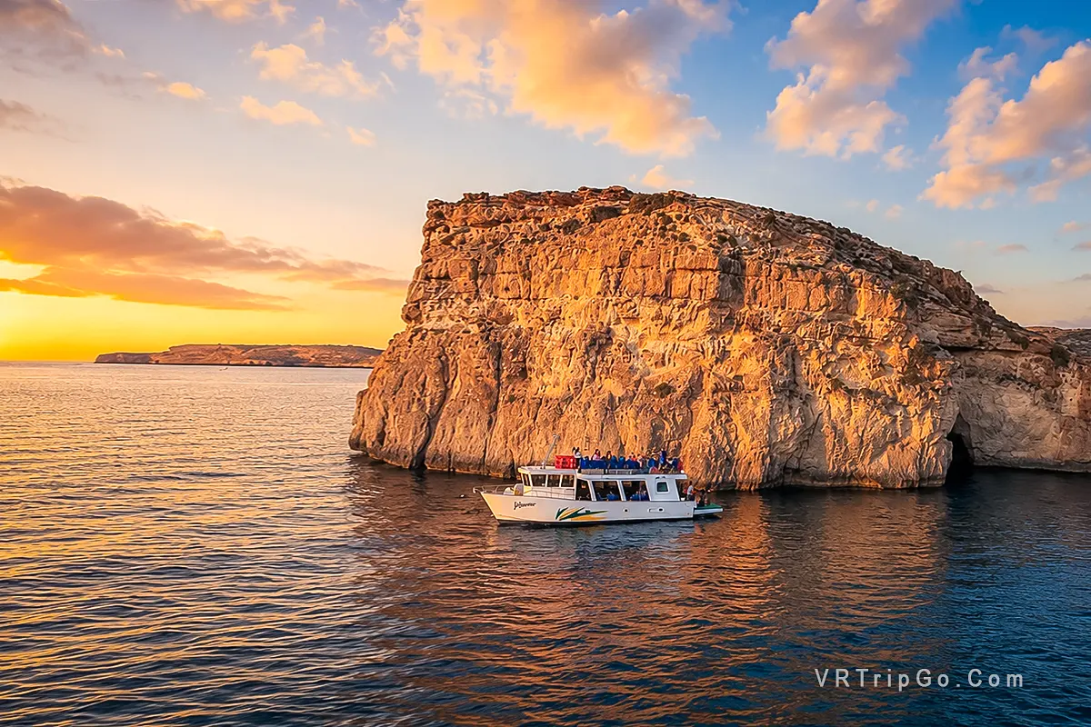 Blue Lagoon Boat Tour at Sunset Along a Scenic Coastal Cliff