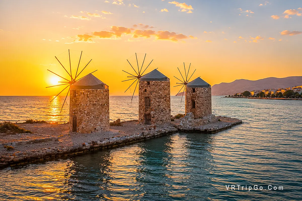 Chios Island Day Trip Featuring Historic Windmills on the Aegean Coast at Sunset