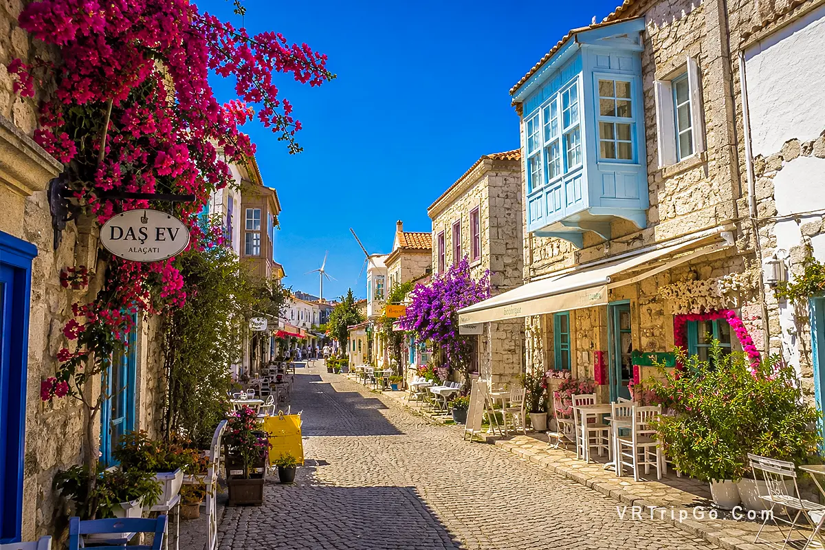 Alacati Tour Through Charming Stone Streets and Colorful Bougainvillea