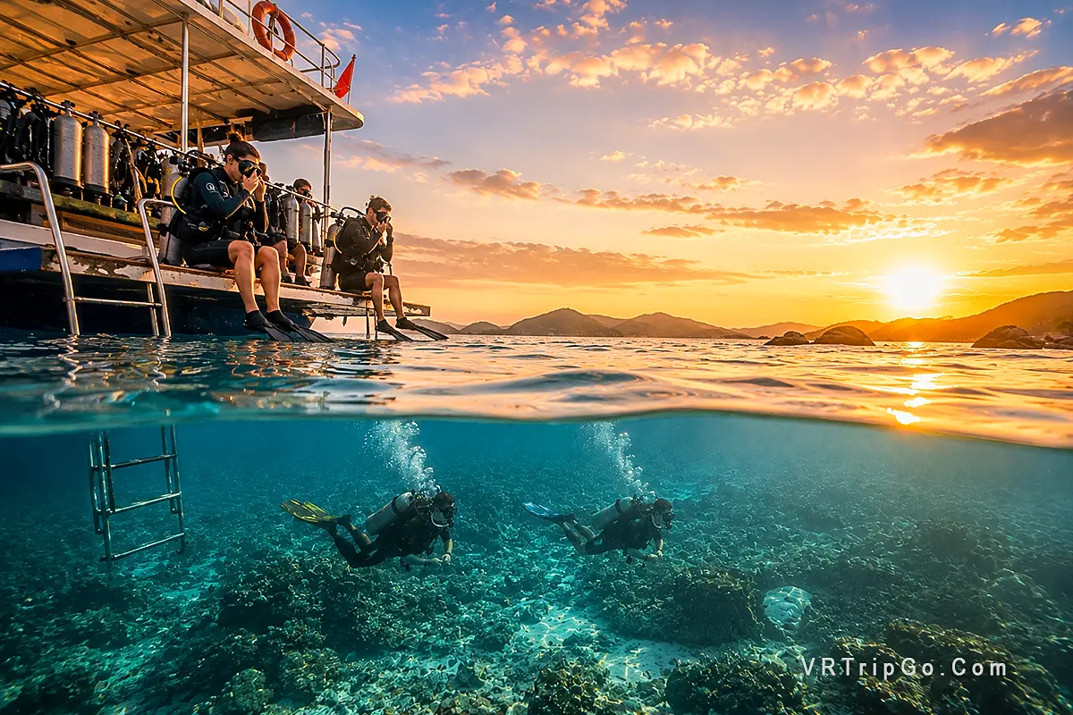 Scuba Diving Tour with Professional Divers Exploring Crystal Clear Waters at Sunset
