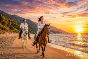 Horse Riding Adventure Along a Beautiful Beach at Sunset with Scenic Coastal and Mountain Views