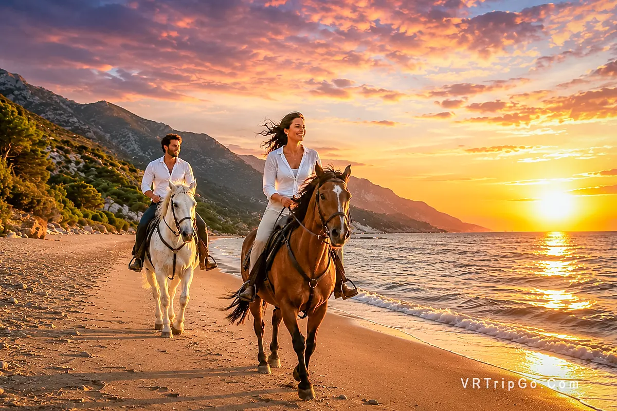 Horse Riding Adventure Along a Beautiful Beach at Sunset with Scenic Coastal and Mountain Views
