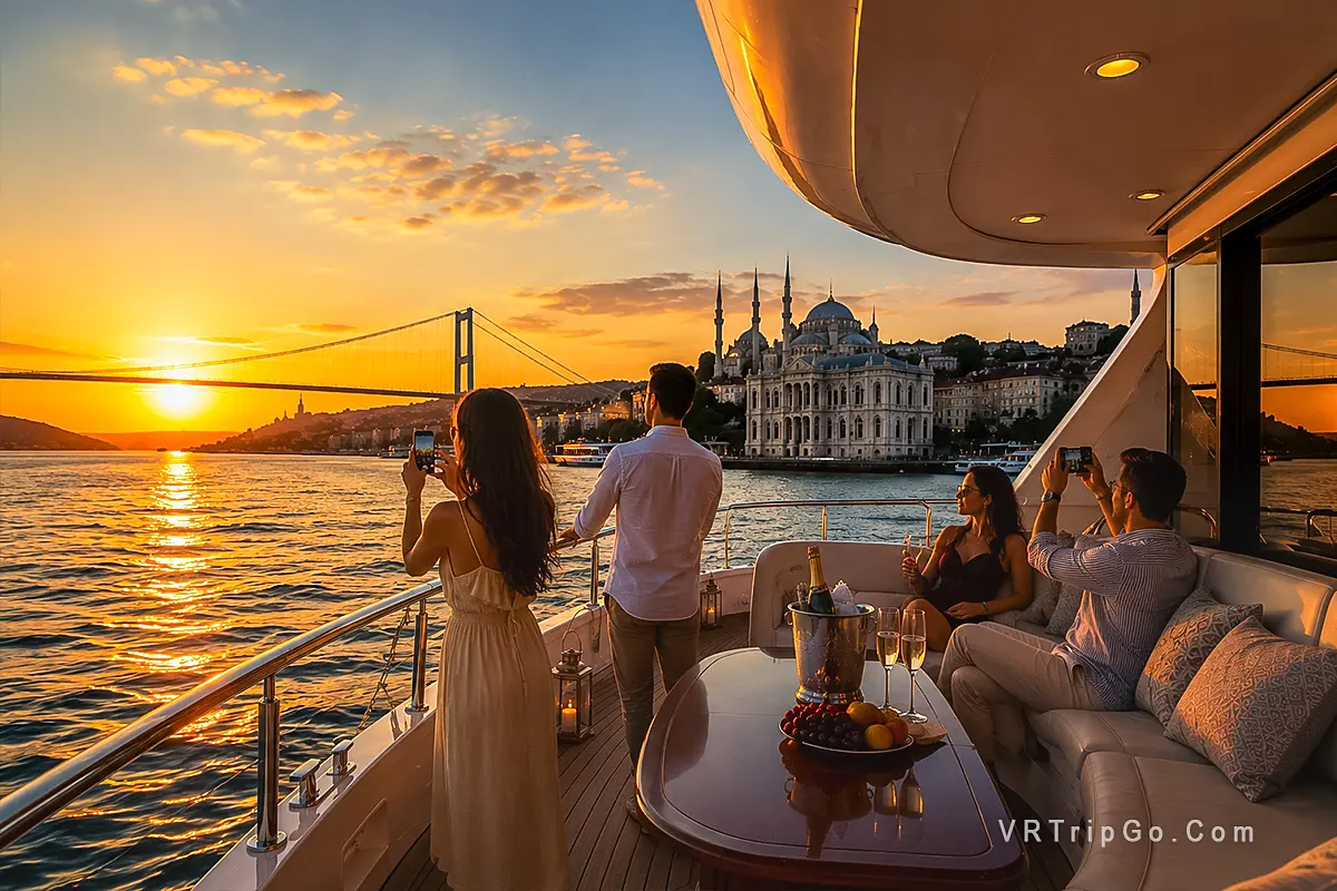 Sunset Yacht Cruise with Luxury Yacht, Golden Sunset Views and Guests Enjoying an Evening on the Bosphorus