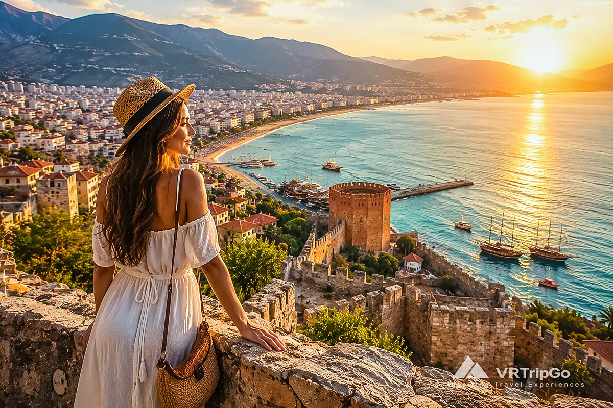 Best Time to Visit Alanya for Beach Holidays with Cleopatra Beach, Alanya Castle, the Red Tower, turquoise Mediterranean waters, and a traveler enjoying a golden summer sunset in Alanya
