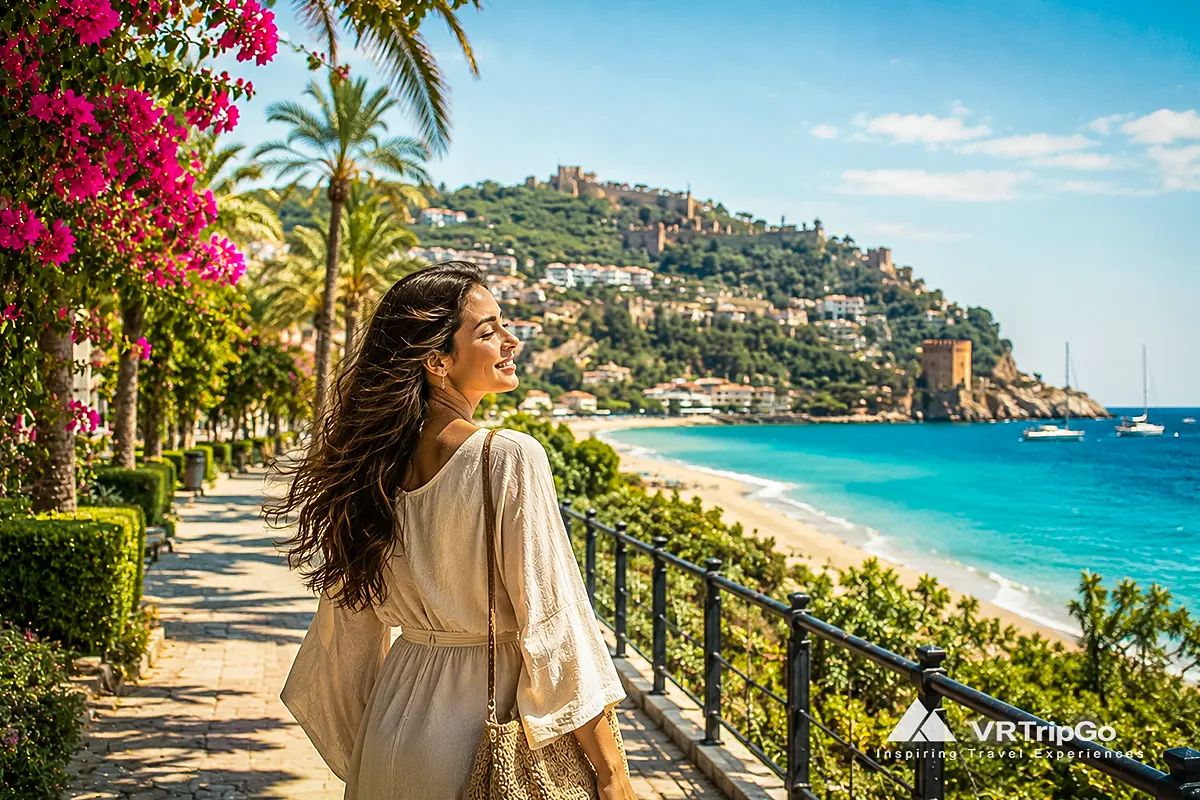 Alanya Weather in Spring with blooming bougainvillea, Cleopatra Beach views, Alanya Castle, turquoise Mediterranean waters, and a traveler enjoying a sunny spring day in Alanya