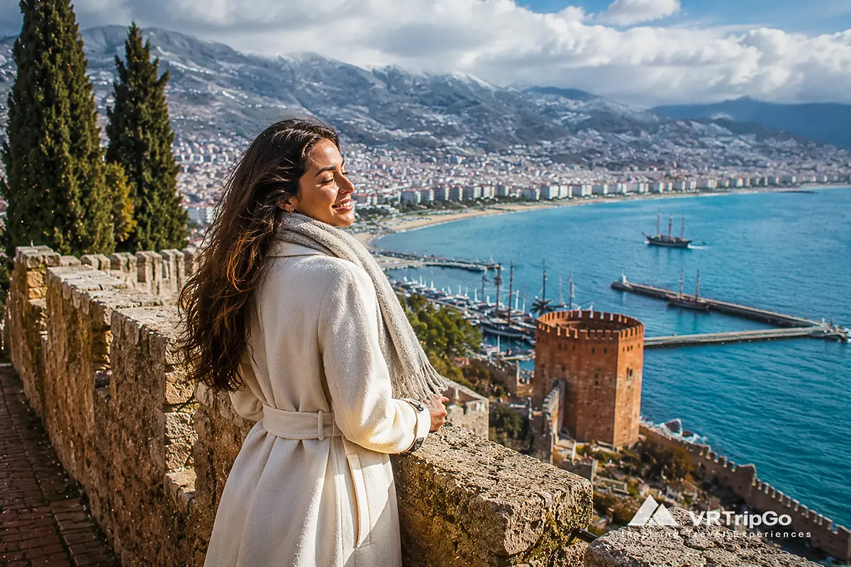 Alanya Weather in Winter with Alanya Castle, the Red Tower, Mediterranean coastline views, mild winter sunshine, and a traveler enjoying a pleasant winter day in Alanya