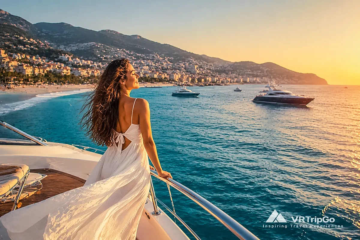 Best Month to Visit Alanya with a luxury yacht, turquoise Mediterranean waters, beautiful traveler, golden sunset, and panoramic views of Alanya's coastline