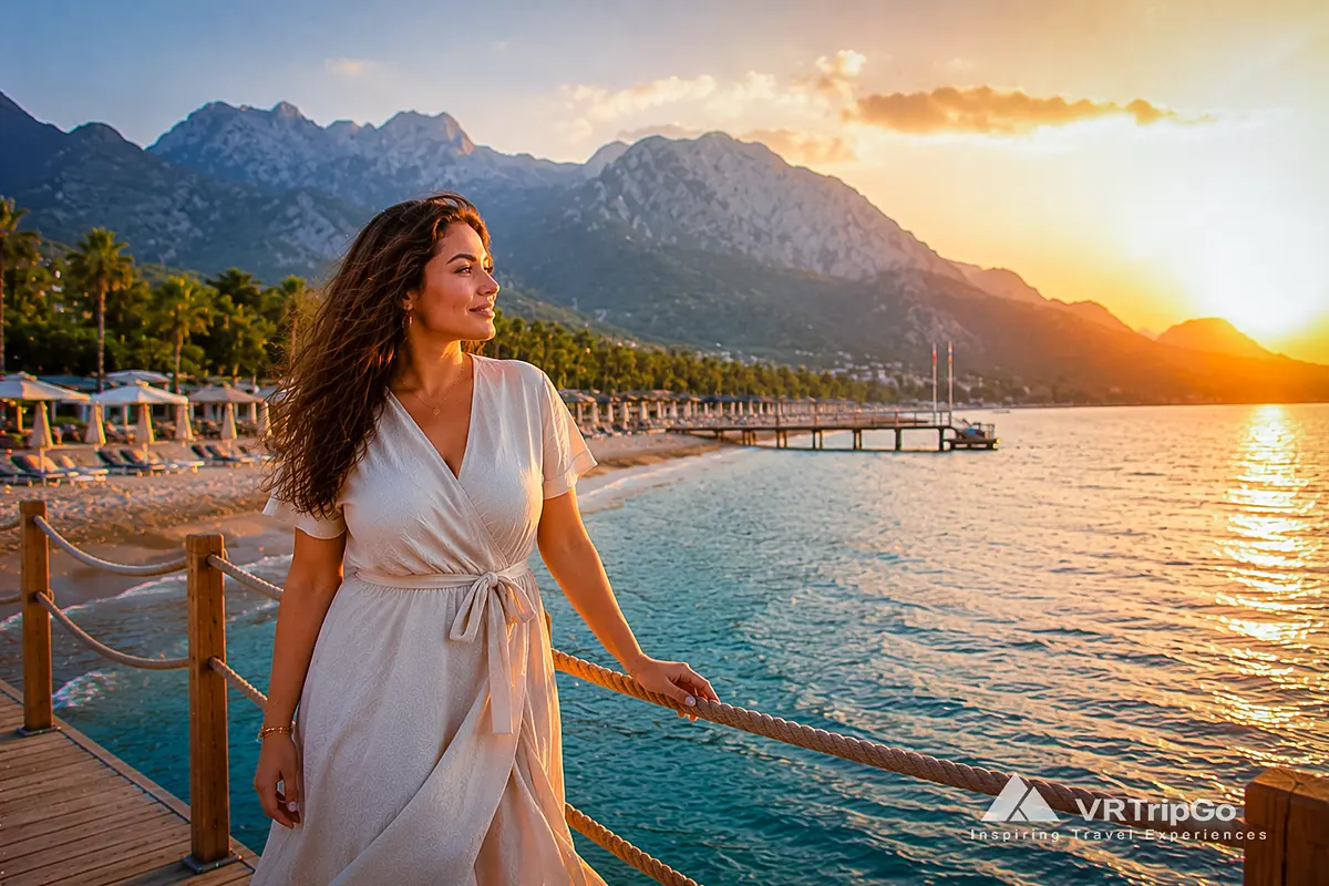 Best Time to Visit Kemer for Beach Holidays with a beautiful traveler, golden sunset, turquoise Mediterranean Sea, Kemer coastline, and the stunning Taurus Mountains in the background