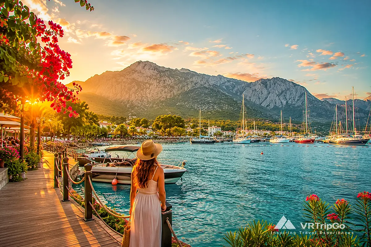 Kemer Weather in Summer with Kemer Marina, luxury yachts, turquoise Mediterranean waters, golden evening sunshine, the Taurus Mountains, and a traveler enjoying a perfect summer day in Kemer