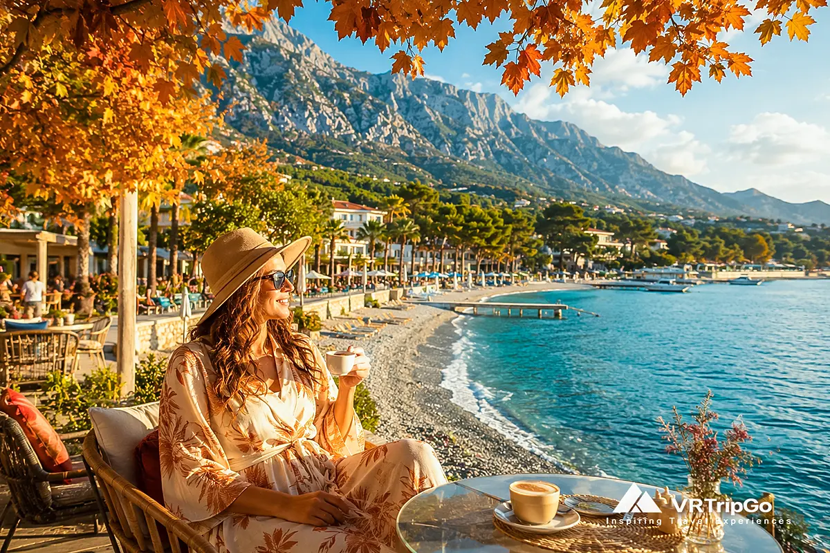 Kemer Weather in Autumn: Woman Enjoying a Seaside Café with Mountain Views in Kemer, Turkey During a Warm Autumn Afternoon