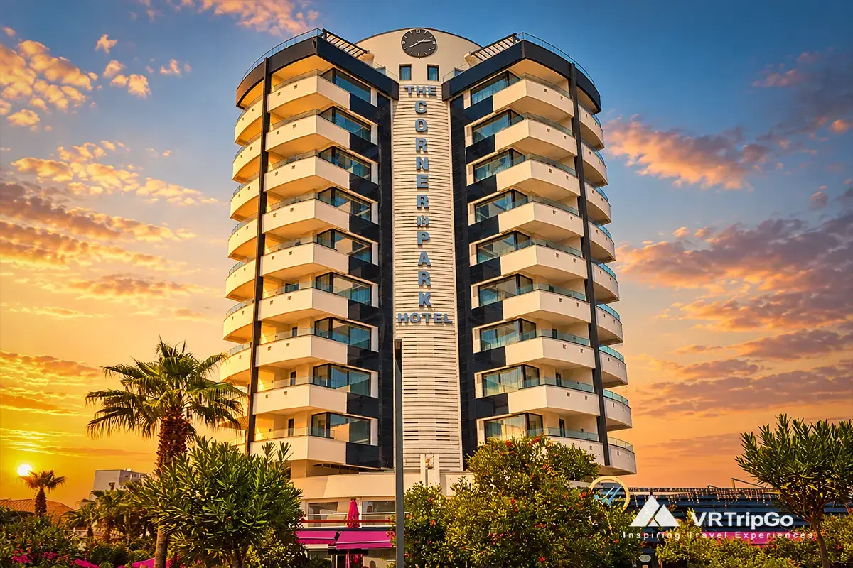 Cheap hotels near the beach in Antalya at sunset with a relaxing Mediterranean holiday atmosphere in Turkey.