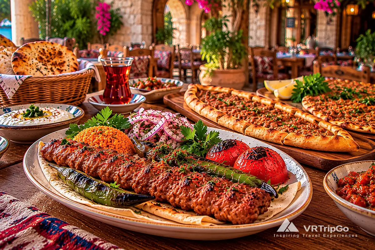 Traditional Turkish food in Side with authentic kebabs, pide, meze dishes and cozy restaurant atmosphere near the Mediterranean coast