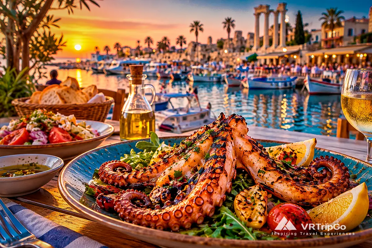 Fresh seafood in Side with grilled octopus, shrimp, mussels and Mediterranean sea view at a luxury seaside restaurant