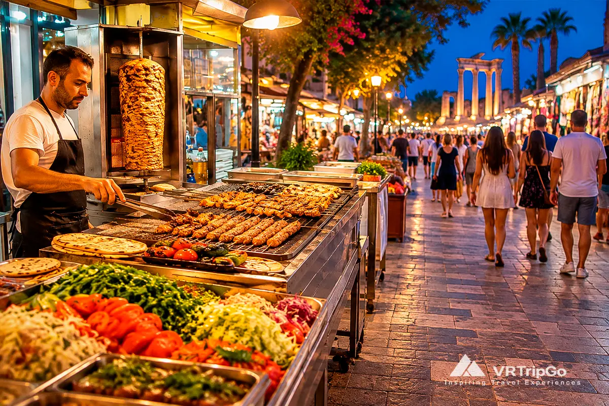 Street food in Side with authentic Turkish kebabs, grilled meat and lively evening market atmosphere near the old town
