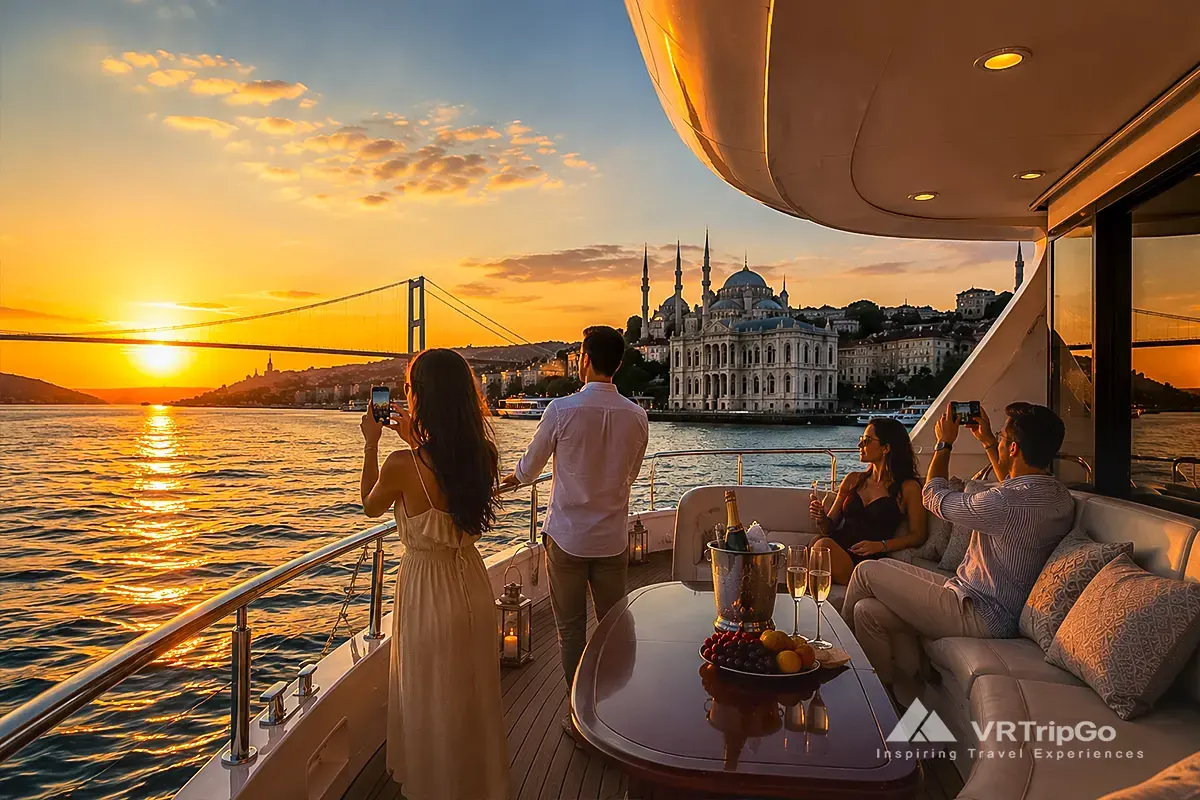 Sunset Yacht Cruise with Luxury Yacht, Golden Sunset Views and Guests Enjoying an Evening on the Bosphorus