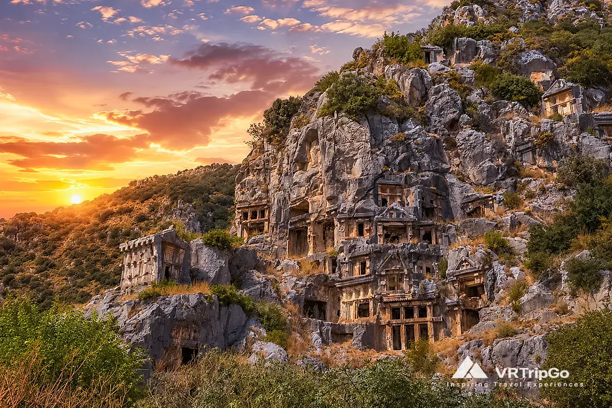 Best Excursions in Kemer featuring the ancient Lycian rock tombs of Myra, breathtaking mountain scenery, and unforgettable historical landmarks on Turkey's Mediterranean coast.