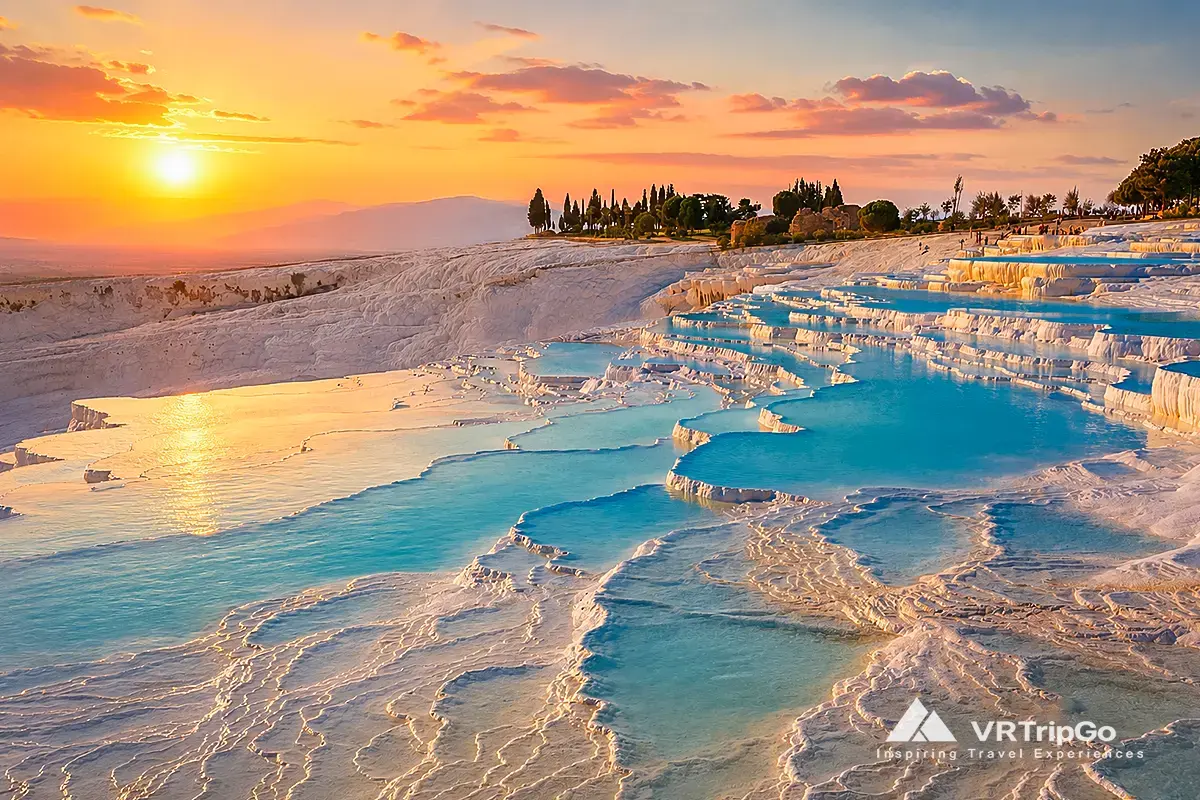 Pamukkale Day Trip from Side with stunning white travertine terraces, turquoise thermal pools, and breathtaking sunset views.