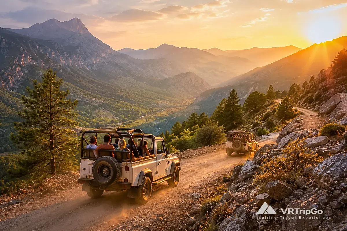 Jeep Safari Adventure Through Mountain Roads at Golden Sunset with Scenic Valley Views