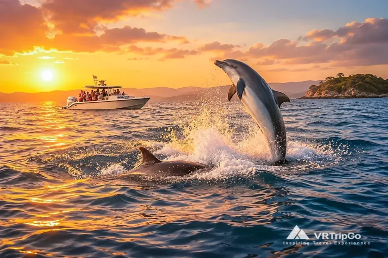 Dolphin Island Boat Tour with playful dolphins, crystal-clear Mediterranean waters, and a spectacular sunset boat experience.