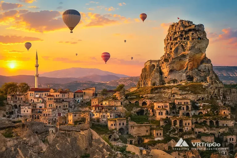Cappadocia Sunset View with Hot Air Balloons Above Ancient Cave Houses and Rock Formations