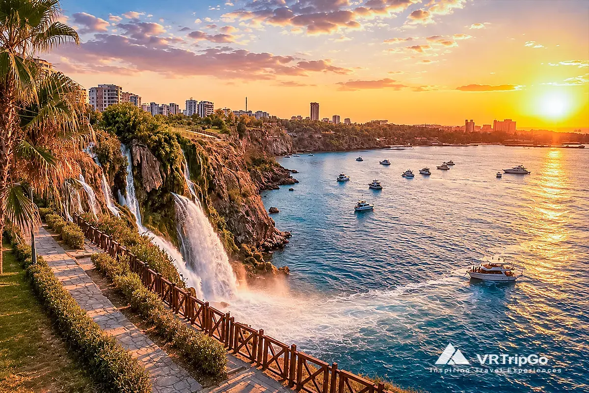 Antalya City Tour with Waterfalls featuring the famous Düden Waterfalls, turquoise Mediterranean coastline, scenic city views, and a beautiful sunset over Antalya.