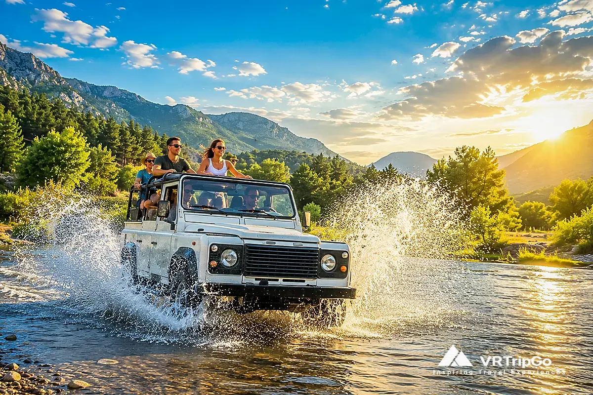 Jeep Safari in the Taurus Mountains with an off-road adventure through rivers, green forests, and scenic mountain landscapes at sunset.