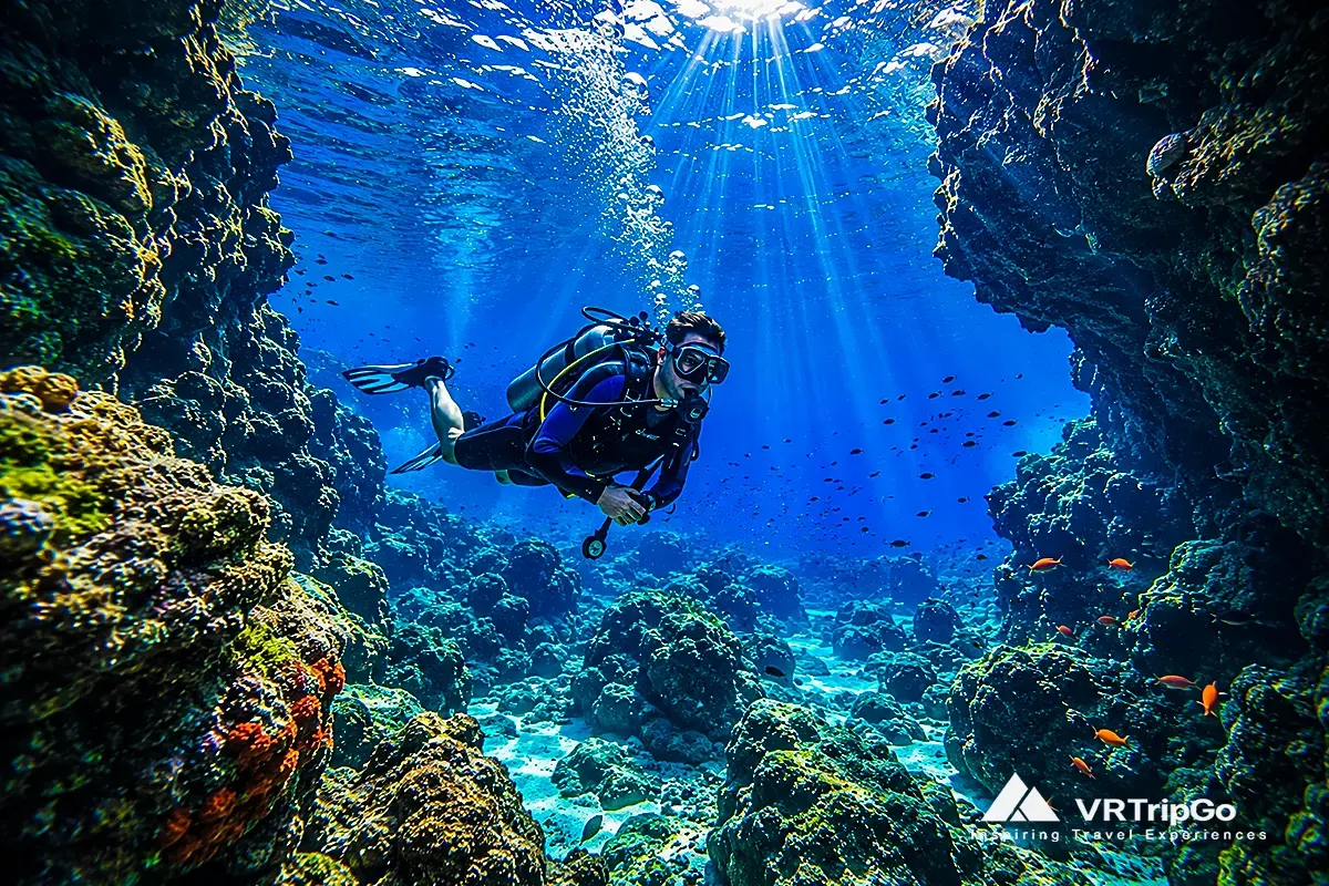 Best Excursions in Belek featuring a scuba diver exploring crystal-clear blue waters, underwater reefs, and marine life during a diving adventure.