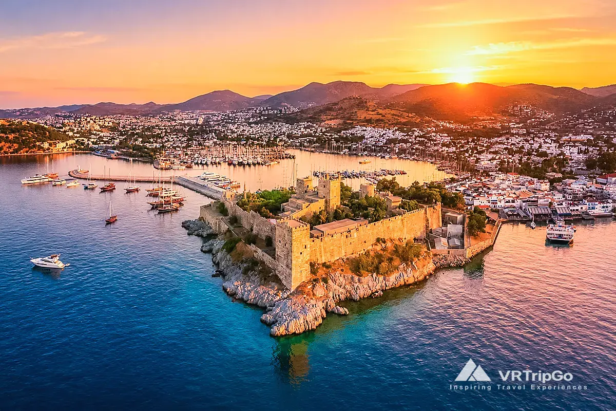 Best Excursions in Bodrum featuring Bodrum Castle, a scenic marina, turquoise Aegean waters, and stunning sunset views over the historic coastline.
