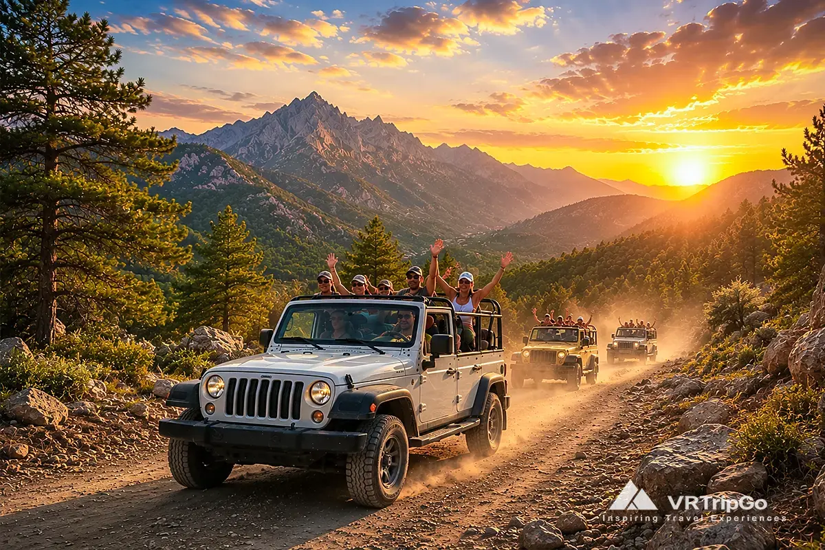 Jeep Safari Adventure featuring off-road jeeps driving through the Taurus Mountains at sunset with stunning mountain views and an exciting safari experience.