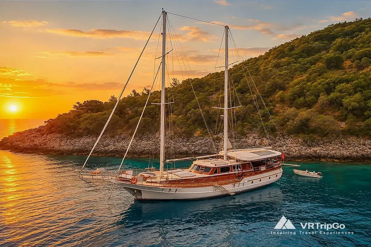 Marmaris Boat Trip featuring a traditional sailing yacht anchored in crystal-clear waters during a beautiful sunset along the scenic Marmaris coastline.